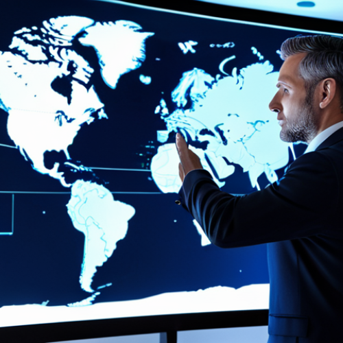 Home 11 A focused logistics professional, mid-30s, looking confidently at a holographic projection of global supply chain data. Wearing a crisp, modern business suit in a dark color, professional dress, fully clothed. Standing in a high-tech control room with large, transparent screens displaying real-time analytics, dynamic charts, and illuminated global shipping routes. The room is sleek, minimalist, with soft ambient blue lighting. Perfect anatomy, correct proportions, natural pose, well-formed hands, proper finger count, natural body proportions, professional photography, high-resolution, sharp focus, safe for work, appropriate content, fully clothed, professional.