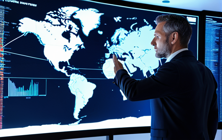 A focused logistics professional, mid-30s, looking confidently at a holographic projection of global supply chain data. Wearing a crisp, modern business suit in a dark color, professional dress, fully clothed. Standing in a high-tech control room with large, transparent screens displaying real-time analytics, dynamic charts, and illuminated global shipping routes. The room is sleek, minimalist, with soft ambient blue lighting. Perfect anatomy, correct proportions, natural pose, well-formed hands, proper finger count, natural body proportions, professional photography, high-resolution, sharp focus, safe for work, appropriate content, fully clothed, professional.