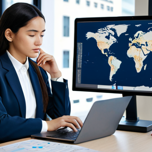 Home 6 A focused professional, gender-neutral, wearing a modest business suit, seated at a sleek modern desk. The desk is equipped with a laptop displaying a complex global supply chain network diagram, alongside open textbooks on international logistics. The background is a blurred, contemporary study environment with subtle abstract elements suggesting data flow and global connectivity. The pose is natural and contemplative, highlighting deep concentration.
safe for work, appropriate content, fully clothed, professional, modest clothing, appropriate attire, professional dress, perfect anatomy, correct proportions, natural pose, well-formed hands, proper finger count, natural body proportions, high-quality, professional photography, realistic rendering, crisp focus, excellent detail.